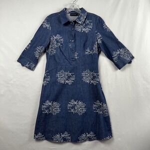 Nina Leonard Shirt Dress Womens size 6 Blue Denim Floral Embroidered 3/4 Sleeve